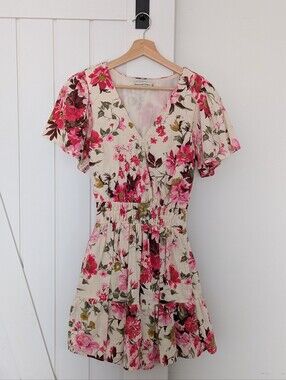 Abercrombie Floral Linen Blend V-Neck Flutter Sleeve Smocked Waist Mini Dress